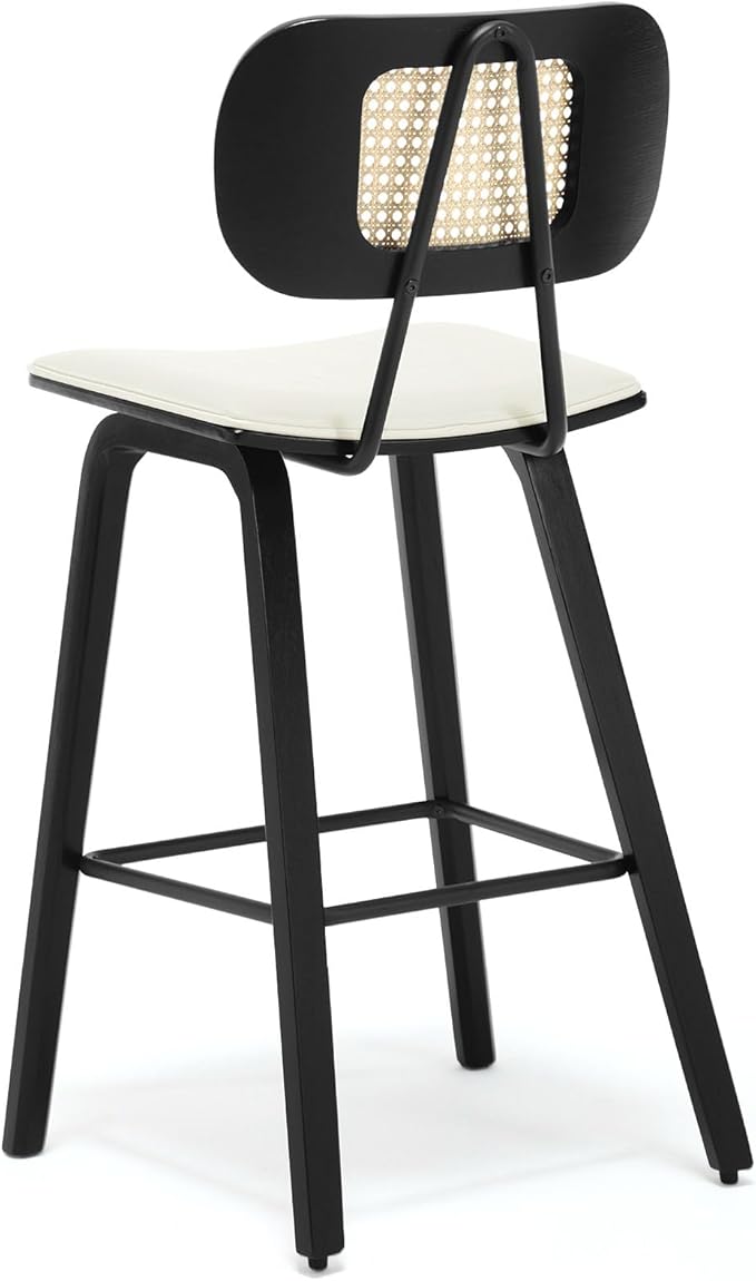Counter Height Bar Stools, 26" PU Leather Upholstered Rattan Barstools, Mid Century Modern Bar Chairs with Black Wood Legs, Armless Walnut Kitchen Island Dining Bar Chair, White