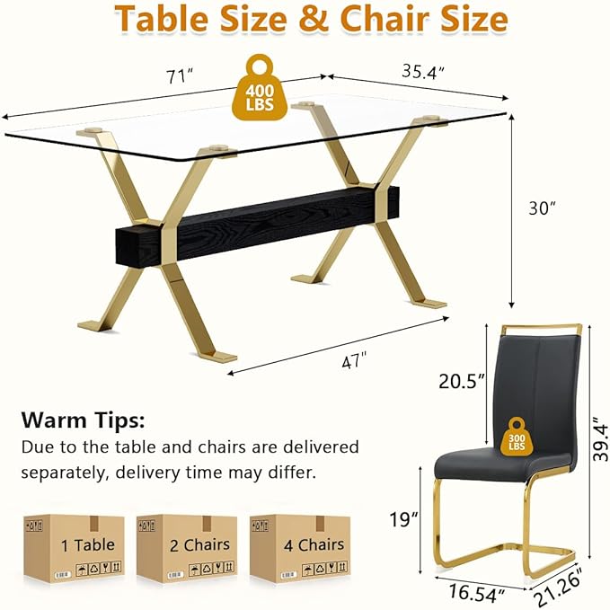 7 Piece Glass Dining Table Set, Kitchen Table Chairs Set for 6, 71'' Dining Table with 0.4" Tempered Glass Tabletop with Plated Metal Legs and MDF Crossbar, 6 PU Chairs for Dining Room, Kitchen.