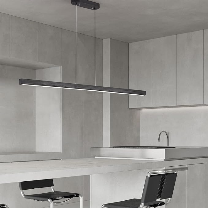 31.5" Black Linear Pendant Light Wooden Led Linear Pendant Light Fixtures Ceiling Hanging Dimmable Pendant Lights for Dining Room Kitchen Island Pool Table Lights Black Wood Finish