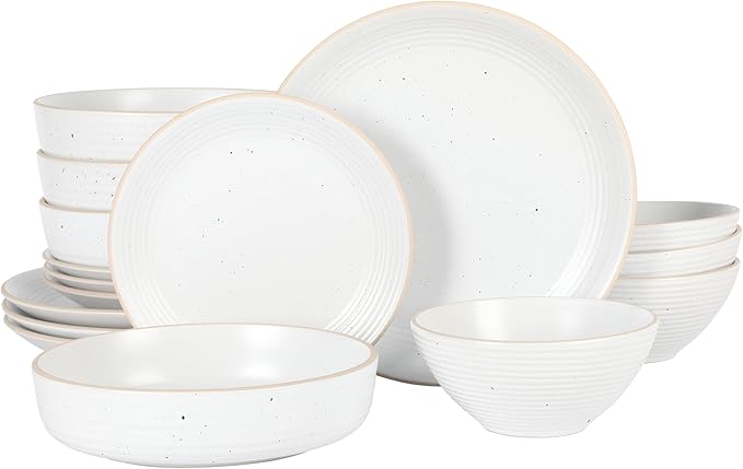 Gibson Home Dinah 16 Piece Double Bowl Stoneware Embossed Speckled Dinnerware Set - Matte White