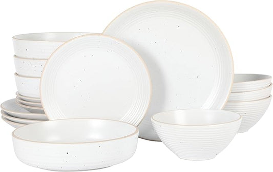 Gibson Home Dinah 16 Piece Double Bowl Stoneware Embossed Speckled Dinnerware Set - Matte White