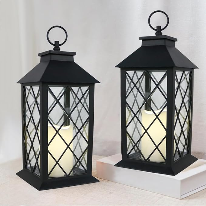 Bright Zeal 2-Pack 13.5" Vintage Candle Lantern with LED Pillar Light (Black, 6hr Timer) - IP44 Waterproof Battery Powered Decorative Light - Outdoor Hanging Lantern Decorative Indoor Candle Holder