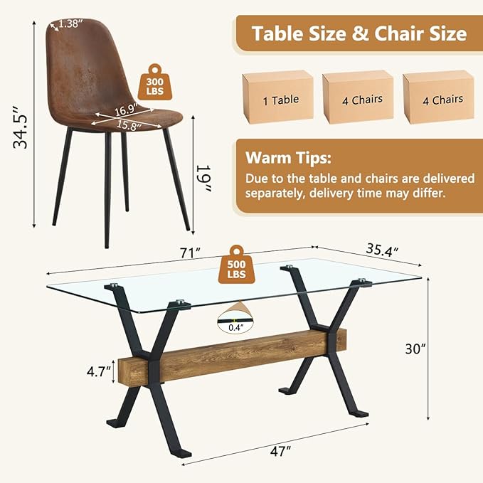 9 Piece Glass Dining Table Set, Kitchen Table Chairs Set for 8, 71'' Dining Table with 0.4" Tempered Glass Tabletop with Plated Metal Legs and MDF Crossbar, 8 Suede Chairs for Dining Room, Kitchen.