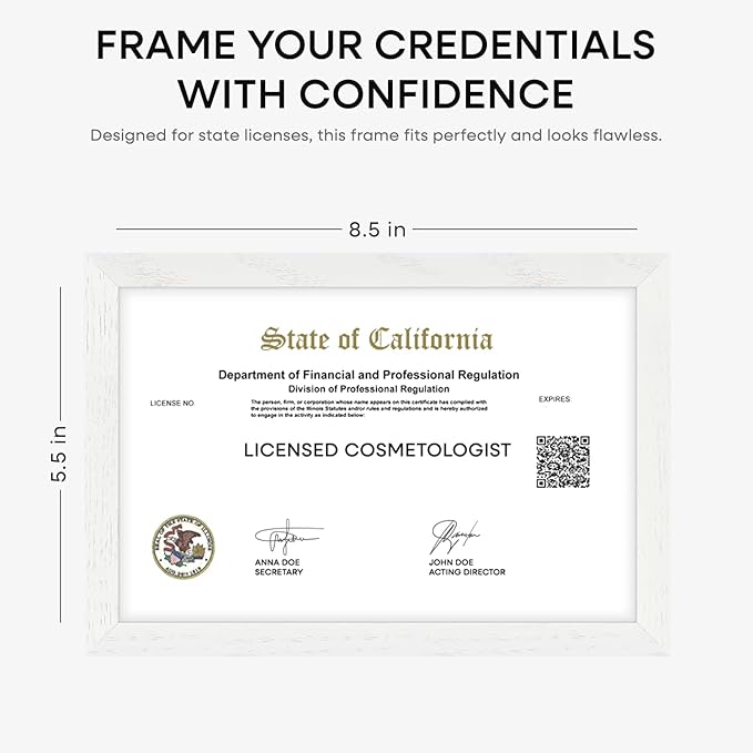 Homeforia 5.5x8.5 Business License Frame White, High End Oak 5.5 x 8.5 Wood Certificate Frames, 5.5by8.5 Document Frames for Wall or Tabletop, Wooden Picture Frames, Tempered Glass, Wall Kit, Set of 1
