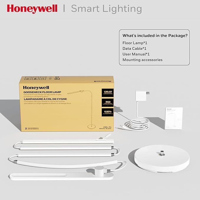 Honeywell LED Floor Lamp, F4 Sunturalux™ Gooseneck Floor Lamps for Living Room, Super Bright Stepless Dimmable Tall Standing Lamp, Modern Eye-Caring Reading Floor Lamp for Bedroom Office Study