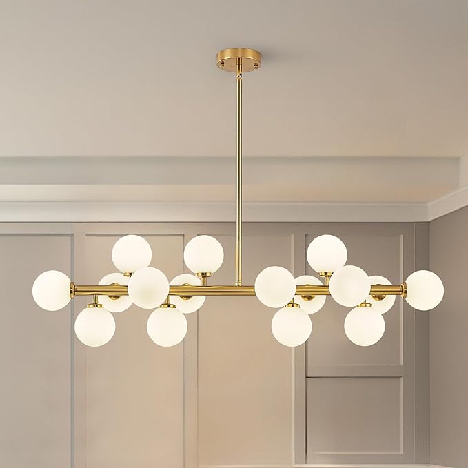 Glass Globe Sputnik Chandelier, 16-Light Mid Century Modern Light Fixture Over Table, Linear Chandeliers for Dining Room, Kitchen Island, Brass Gold and Milk White Bubble, 40 Inch, GC-02