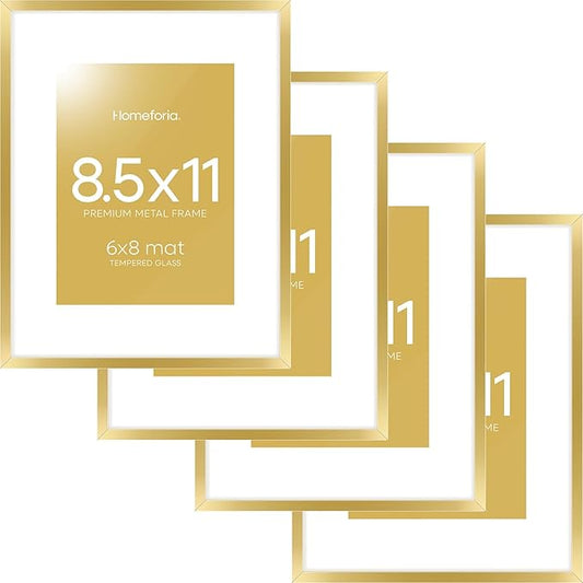 Homeforia 8.5 by 11 Picture Frame Gold, High End Metal 8.5x11 Poster Frames with Mat 6x8 Photo, 8.5 x 11 Frame Matted to 6 x 8 Print, 8.5by11 Wall or Tabletop Frame, Tempered Glass, Wall Kit, Set of 4