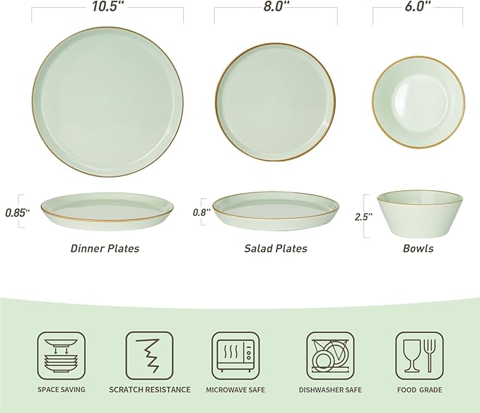 Famiware Saturn Dinnerware Sets, Plates and Bowls Sets for 4, 12 Pieces Stoneware Dish Set - Chip and Scratch Resistant, Microwave and Dishwasher Safe Tableware Set, Light Green with Rim