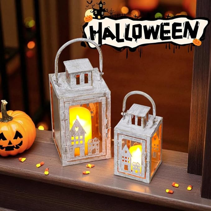 TRIROCKS Halloween Candle Lantern 6 &11" H Vintage Metal Candle Holders Set of 2 Outdoor Lanterns for Garden, Living Room, Indoor & Outdoor (Gray with Gold Brush)