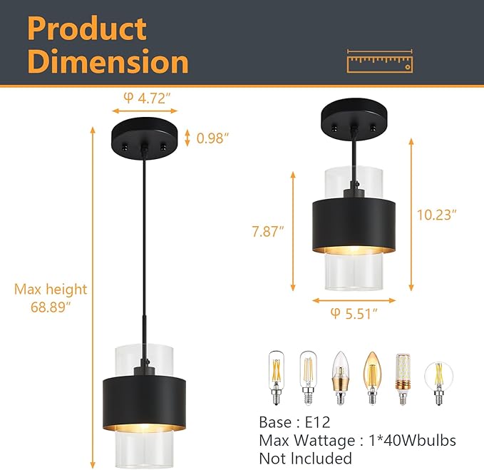 Modern Black Pendant Lighting Indoor Kitchen Island Pendant Light Glass Shade Ceiling Light Fixtures for Bedroom Dining Room Living Room(1-Pack)