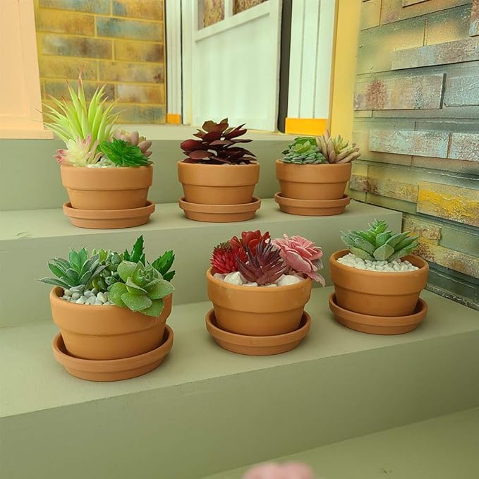 Yishang 4.4 Inch Shallow Terracotta pots with Saucer/Tray,Ceramic Clay Cactus/succlent Container with Drain Hole,Small unglazed Planter for Indoor/Outdoor Plants, Crafts