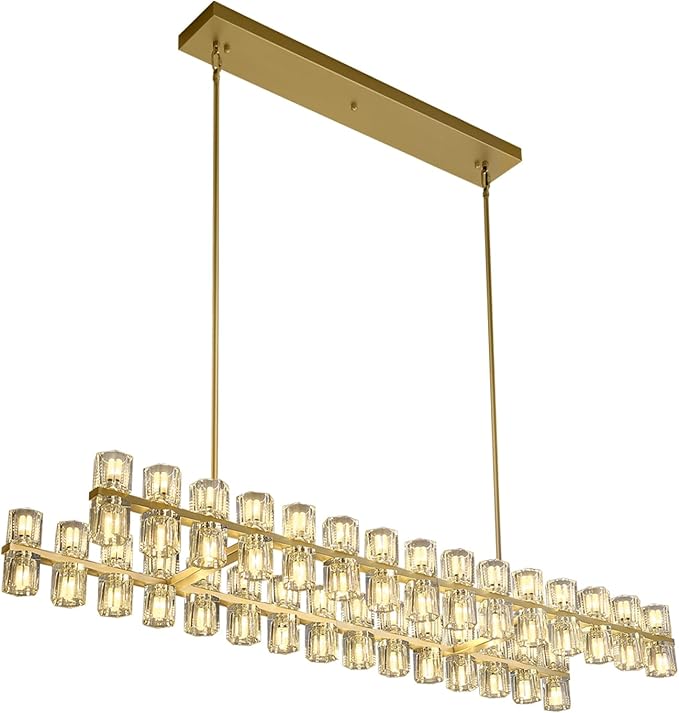 Gold Rectangular Crystal Chandelier Light Fixture 53.4 in Dining Room Chandelier Over Table Modern Farmhouse Ceiling Pendant Hanging Light Fixture for Living Room, Kitchen Island (Bulb not Included)