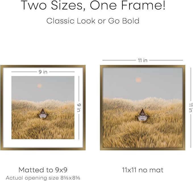 Homeforia 11x11 Picture Frame Brass, High End Metal 11 by 11 Square Bronze Frames with Mat 9 x 9 Photo, 11by11 Poster Frame Matted to 9x9 Print, Wall Hanging Frames, Tempered Glass, Wall Kit, Set of 2