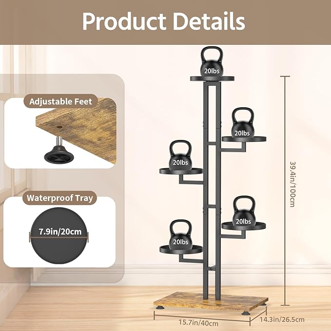 LASZOLA Black 5 Tiered Plant Stand Indoors Heavy Duty Metal Rack, Sturdy Multi Level Shleving Hold Flowers, Larger House Decorate Ladder for Planting Inside Tree Herb Cactus, Wooden Base, Space Saving