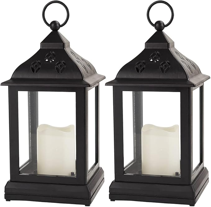 Bright Zeal 2-Pack 9.5" Vintage Decorative Candle Lantern with LED Flickering Flameless Candle (Black, 8hr Timer) - Indoor Hanging Lanterns Decorative Lanterns Battery Powered LED Candle Timer Candle
