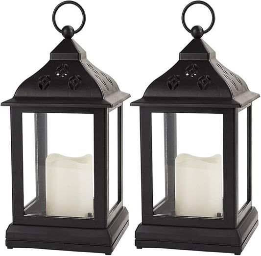Bright Zeal 2-Pack 9.5" Vintage Decorative Candle Lantern with LED Flickering Flameless Candle (Black, 8hr Timer) - Indoor Hanging Lanterns Decorative Lanterns Battery Powered LED Candle Timer Candle