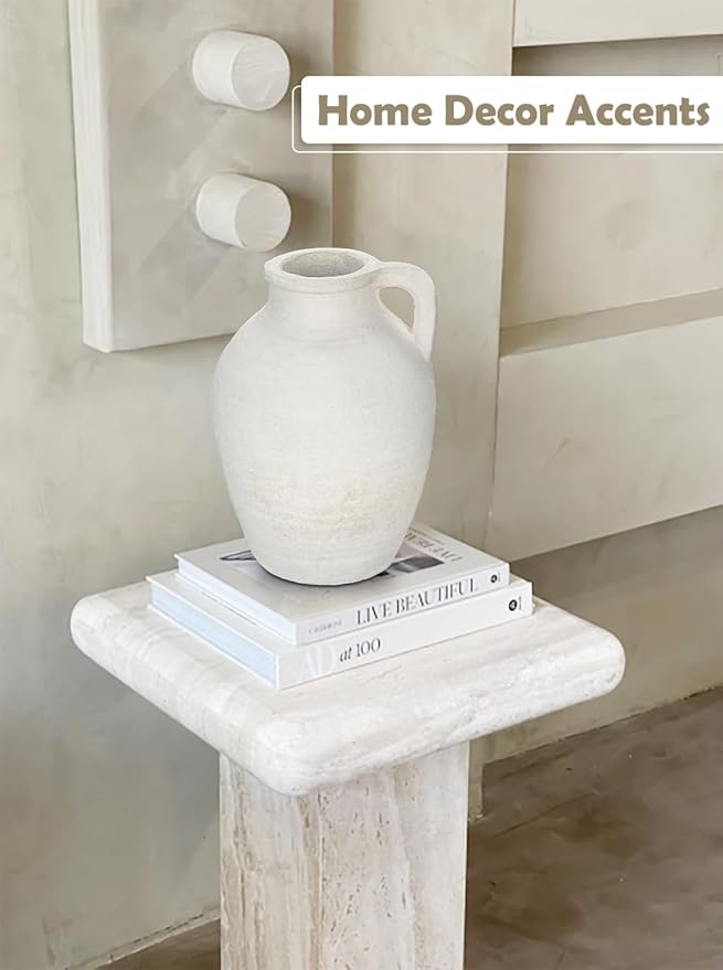 Ceramic Rustic Farmhouse Vase, 9 inch Ceramic White Flower Vase for Centerpieces Pampas Grass Pottery Jug with Handle Boho Modern Rustic Farmhouse Decor for Living Room Kitchen Dinner Table Shelves