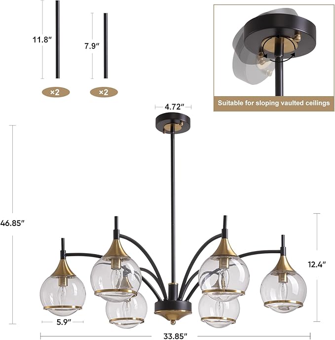6 Light Modern Dining Room Light Fixtures Over Table 33.8" Black and Gold Chandelier with Globe Glass Bubble Shade Mid CenturySputnik Chandeliers for Dining Room，Living Room,Kitchen
