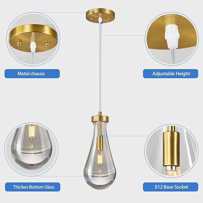 Raindrop Pendant Lights Kitchen Island Set of 2 Teardrop Gold Hanging Light Fixtures Clear Solid Glass Pendant Light Modern Chandeliers for Dining Room Porch Corridor Living Room…