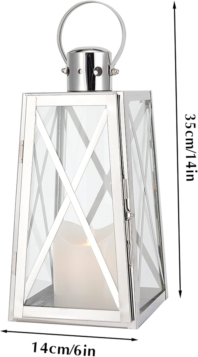 TRIROCKS Stainless Steel Decorative Lantern 12'' H Metal Candle Holder Hanging Candle Lantern with Tempered Glass for Christmas Home Decor Living Room Parties Events Indoor Outdoor(Silver Trapezoid)