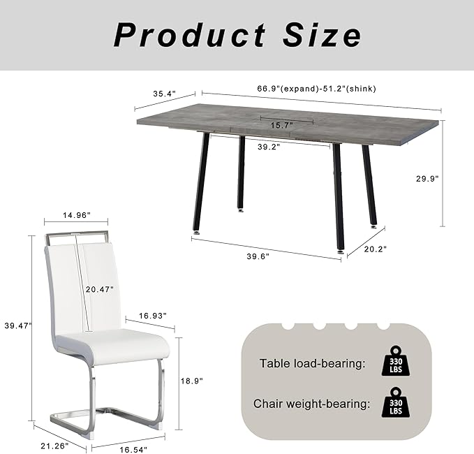 7 Piece Dining Table Set for 6-8,55-71" Extendable Dining Table Set with 6 Upholstered Chairs,Rectangle Kitchen Table Set for Small Space,Dining Room and Office,Grey