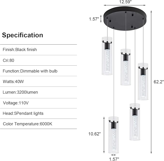 LED Pendant Lighting, Black 5-Light Pendant Light Over Island, Kitchen Island Pendant Lights for Dining Room, Living Room, Corridor, Cafe, Club, Restaurant
