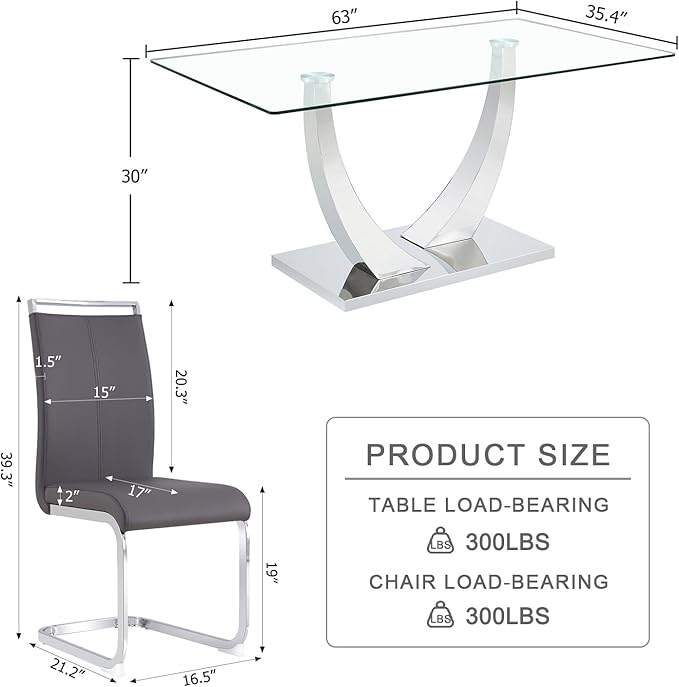 63” Glass Dining Table Set for 4,Modern Dining Room Table Set for 4, Kitchen Table and PU Leather Chairs, Dinner Table with Rectangle Tempered Glass Top and Chrome Silver Base