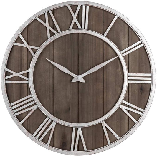 Oldtown Farmhouse Metal & Solid Wood Noiseless Wall Clock (Dark Brown, 36-inch)