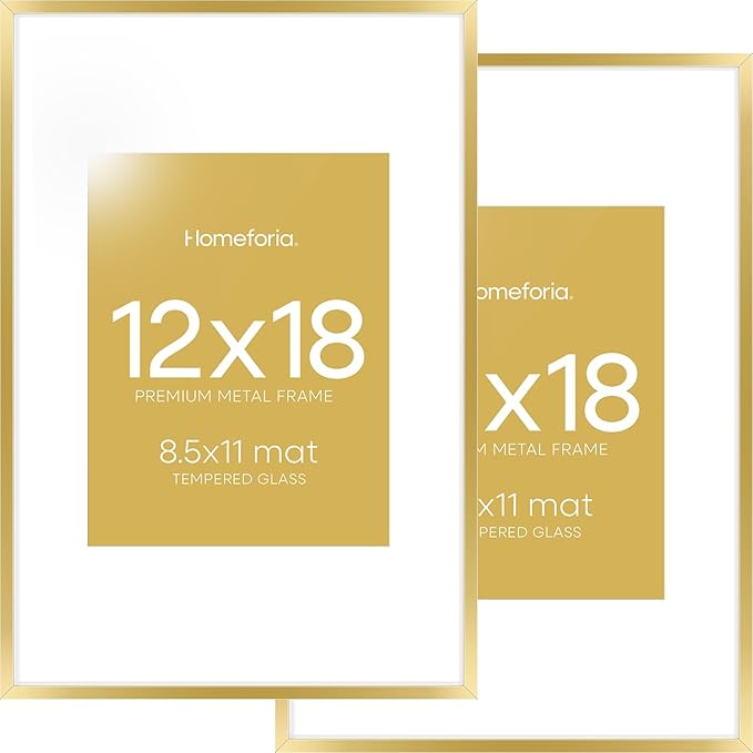Homeforia 12x18 Picture Frame Gold, High End Metal 12x18 Poster Frames with Mat 8.5x11 Photo, 12 x 18 Gold Frame Matted to 8.5 by 11 Print, 18x12 Thin Hanging Frame, Tempered Glass, Wall Kit, Set of 2