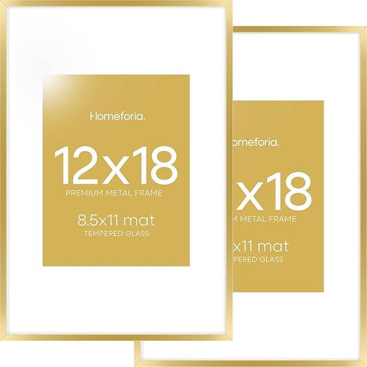Homeforia 12x18 Picture Frame Gold, High End Metal 12x18 Poster Frames with Mat 8.5x11 Photo, 12 x 18 Gold Frame Matted to 8.5 by 11 Print, 18x12 Thin Hanging Frame, Tempered Glass, Wall Kit, Set of 2