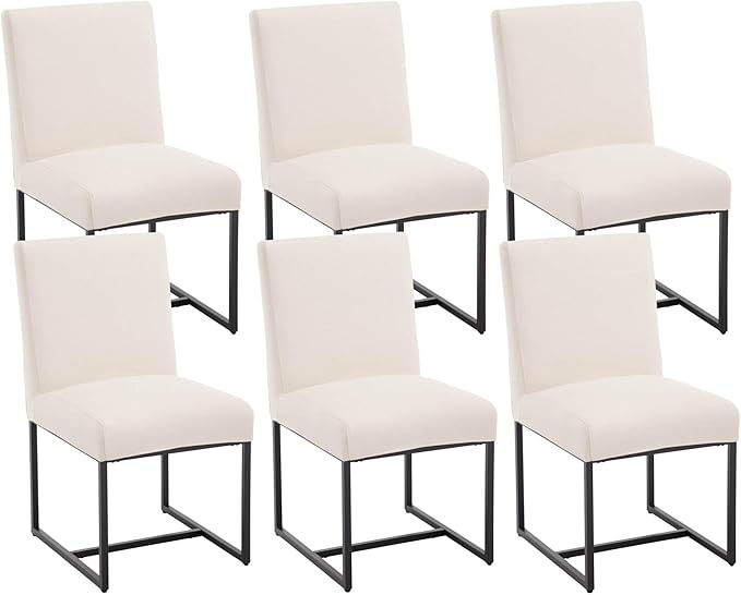 VESCASA Upholstered Dining Chairs Set of 6 with Removable Chair Cover, Mid Century Modern Padded Chair with Black Metal Frame for Restaurant, Dining Room, Kitchen, Linen Cream