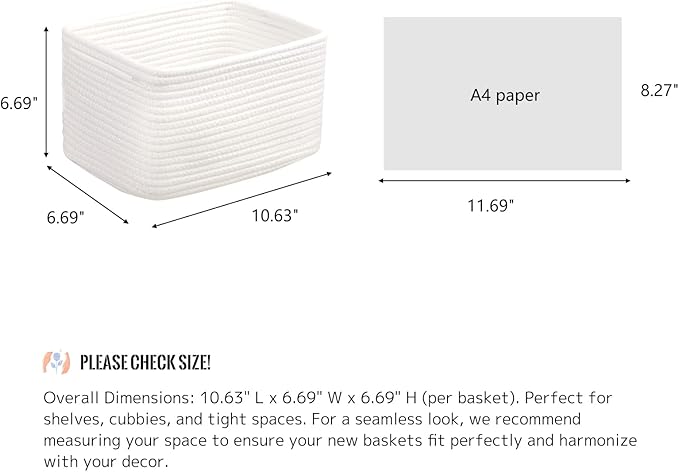 Small Cotton Rope Basket – Storage Bin for Organizing (10.6" x 6.7" x 6.7"), Bathroom Storage Basket for Shelf, Counter & Closet（White）