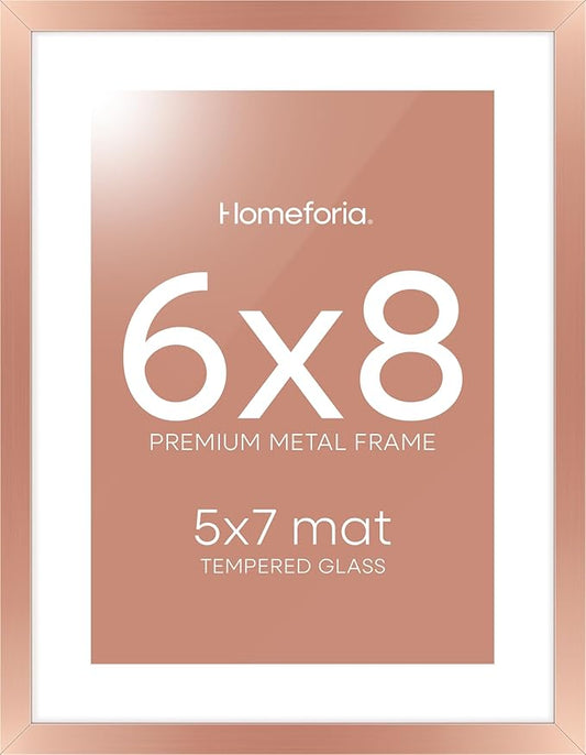 Homeforia Rose Gold 6x8 Picture Frame, High End Metal 6 x 8 Frames with Mat 5 x 7 for Print, 6by8 Desk Frame Matted to 5x7 inch Photo, 6 by 8 Wall or Tabletop Frame, Tempered Glass, Wall Kit, Set of 1