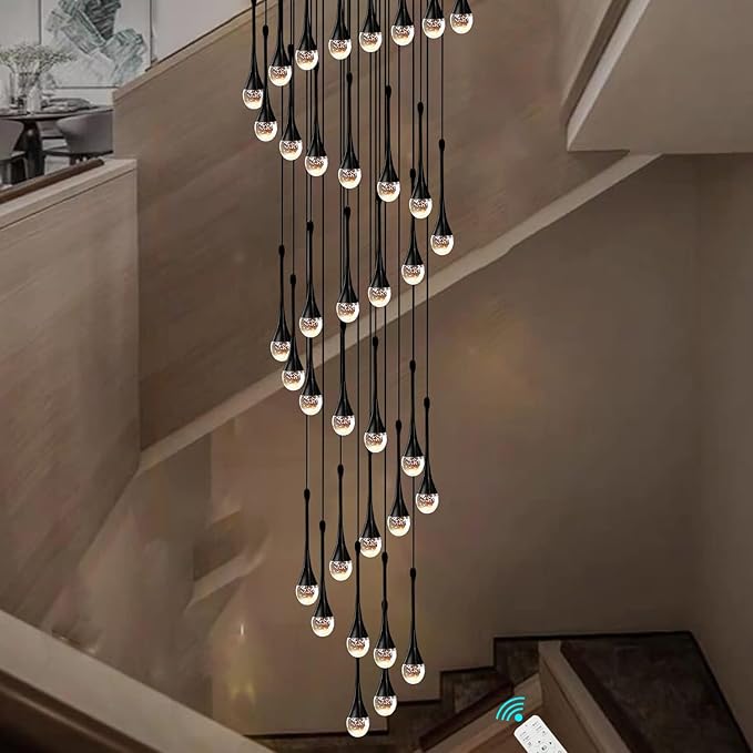 H150'' High Ceiling Chandeliers for Entryway 36-Lights Black Spiral Crystal Chandelier Modern Raindrop Chandeliers for Villa Staircase,Hanging Light Fixtures for High Ceiling