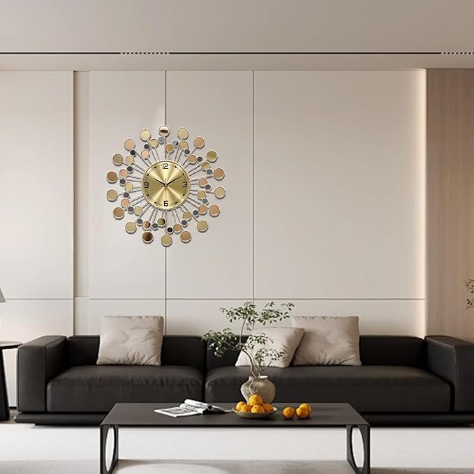 Wall Clock 22.83 Inch Gold - Large Sunburst Clock Non-Ticking Battery Operated, Starburst Round Wall Watch with Shell Disc Decoration for Living Room Bedroom Kitchen Office Home Decor