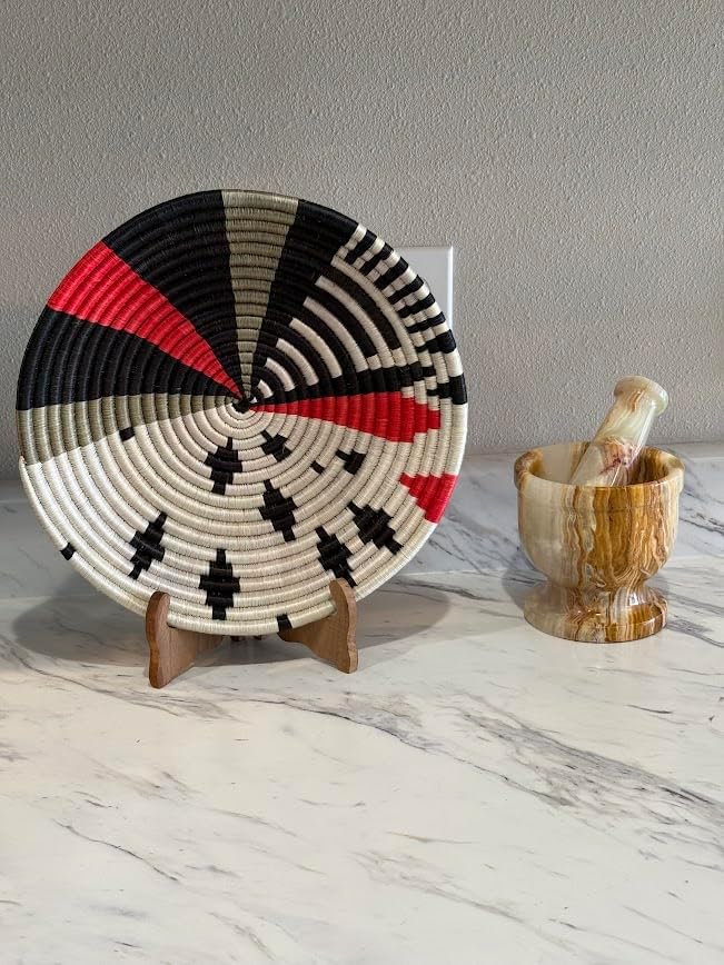 Handwoven African Basket Handmade sisal Fruit Bowl Wall Hanging decorative Baskets for Home Living Room Kitchen Centerpiece Zen Designs Arts and Crafts (Red White Tan, 12in diameter)