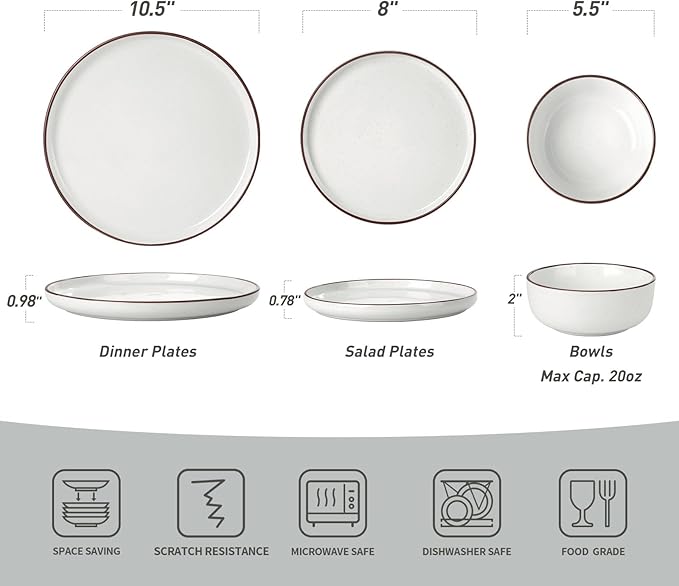 Famiware Mercury Plates and Bowls Sets, 18 Pieces Stoneware Dinnerware Sets, Dishes Set for 6, Microwave and Dishwasher Safe, White