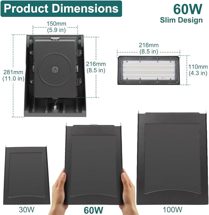 60W LED Wall Pack Light with Dusk-to-Dawn Photocell, 0-90° Adjustable Full Cutoff Outdoor Wall Light for House Yard Garage, 7800lm 5000K Daylight 100-277V ETL Listed