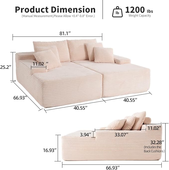 Chaise Lounge Chair, Couches for Living Room, Oversized Upholstered Loveseat Sleeper Indoor, Cloud Sofa Bed Indoor Deep Seat, No Assembly Required Corduroy 2PCS Beige