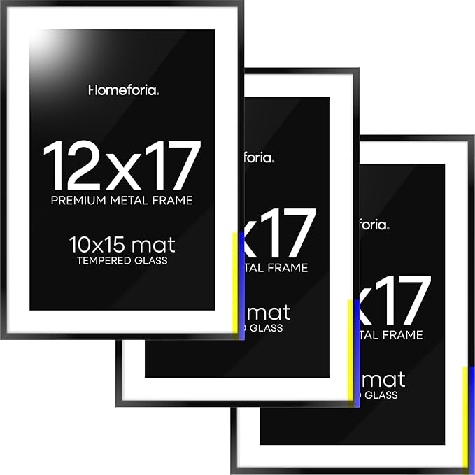 Homeforia 12x17 Picture Frame Black, High End Metal 12x17 Poster Frames with Mat 10x15 for Photo, 12 x 17 Black Frame Matted to 10 x 15 inch Print, 17x12 Thin Frame, Tempered Glass, Wall Kit, Set of 3