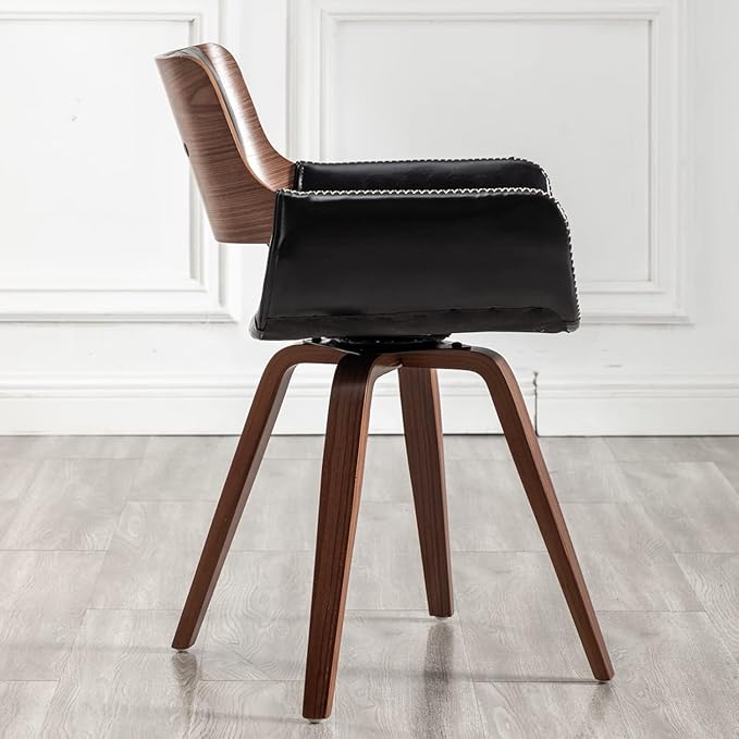 LUNLING Swivel Accent Faux Leather Dining Chairs Set of 4,Mid Century Modern Chairs with Wooden Legs/Armrest/Upholstered Seat/Adjustable Foots for Kitchen Dining Room Desk Chairs,Black