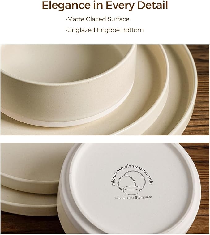 TheTerra Ceramic Dinnerware Sets for 6, 18 Pieces Handmade Reactive Glaze Plates and Bowls Set, Scratch Resistant Dish Set, Oven & Microwave & Dishwasher Safe, Matte White