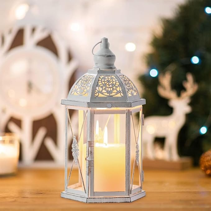 DECORKEY Lantern Decorative Indoor & Outdoor, 14.5'' Candle Lantern Farmhouse Home Decor, Hexagon Vintage Hanging Metal Candle Holder for Front Porch Shelf Patio Wedding Party, Christmas Decorations