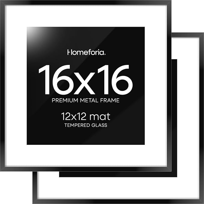 Homeforia 16x16 Picture Frame Black, High End Metal 16x16 Square Poster Frame Matted to 12x12 Print, 16 x 16 Black Frames with Mat 12 x 12 Photo, 16by16 Thin Frames, Tempered Glass, Wall Kit, Set of 2