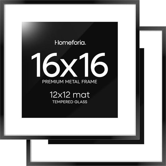 Homeforia 16x16 Picture Frame Black, High End Metal 16x16 Square Poster Frame Matted to 12x12 Print, 16 x 16 Black Frames with Mat 12 x 12 Photo, 16by16 Thin Frames, Tempered Glass, Wall Kit, Set of 2