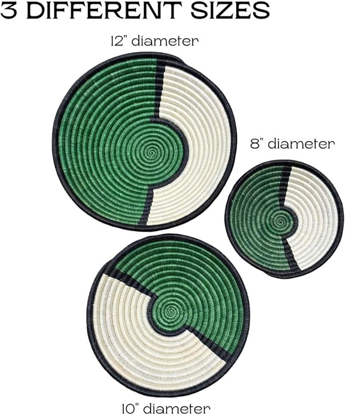 Handwoven African Basket Handmade sisal Fruit Bowl Wall Hanging decorative Baskets for Home Living Room Kitchen Centerpiece Zen Designs Arts and Crafts (Green Black White, 8in diameter)