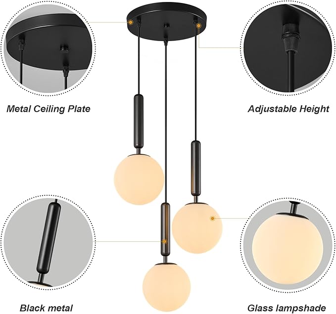 Modern Black Pendant Light Hanging Fixture Light for Kitchen Island Mid Century with Globe Pendant Light Milk White Glass Pendant Lighting for Living Room Bedroom Entryway (3 Lights)