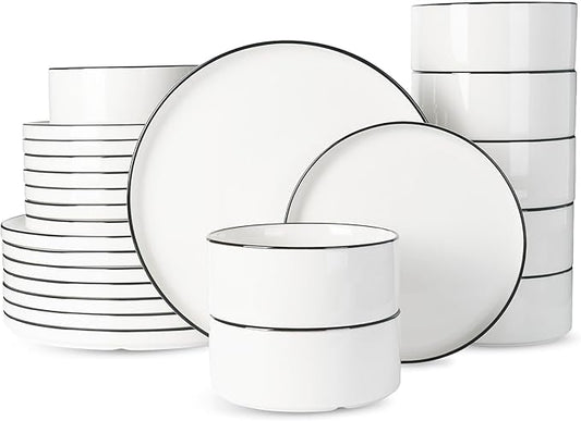 Famiware Porcelain Dinnerware Set, 24-Piece Modern Plate and Bowl Set, dish set for 8, Microwave and Dishwasher Safe Tableware, White with Black Trim