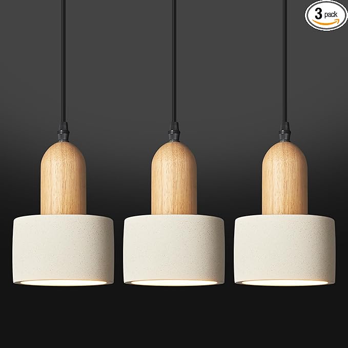 Modern Cement Pendant Lights White Chandelier Wooden Ceiling Lights for Bedroom Dining Room Living Room Kitchen Island bar（3 Pack）