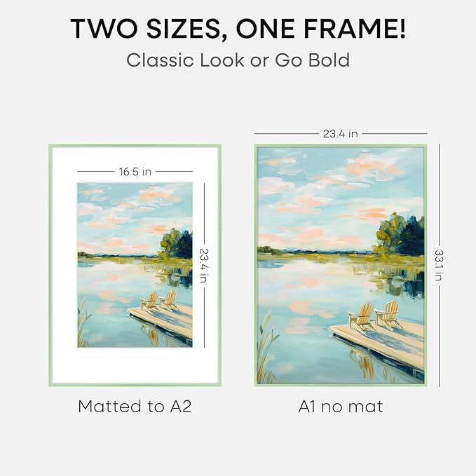 Homeforia A1 Poster Frame Sage Green, High End Metal A1 Large Picture Frames with Mat A2 Photo, 23.4 x 33.1 Frames Matted to 16.5 x 23.4 Print, 23.4x33.1 Thin Frame, Tempered Glass, Wall Kit, Set of 1